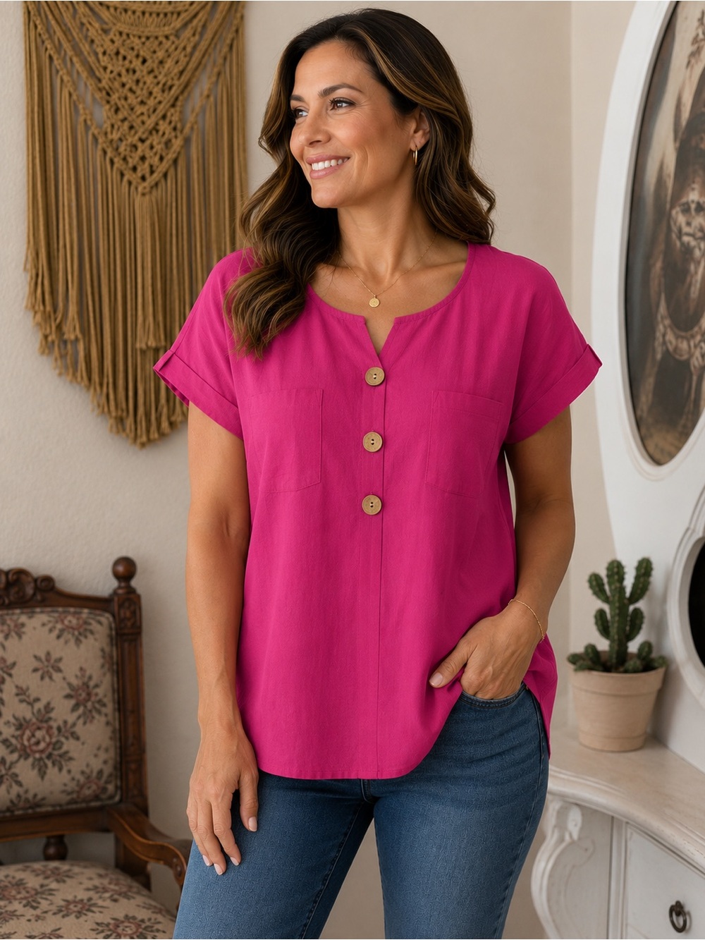 Woman’s 100% Linen Vibrant Fuchsia Barbie Short Sleeve Button Detail Top Size XL